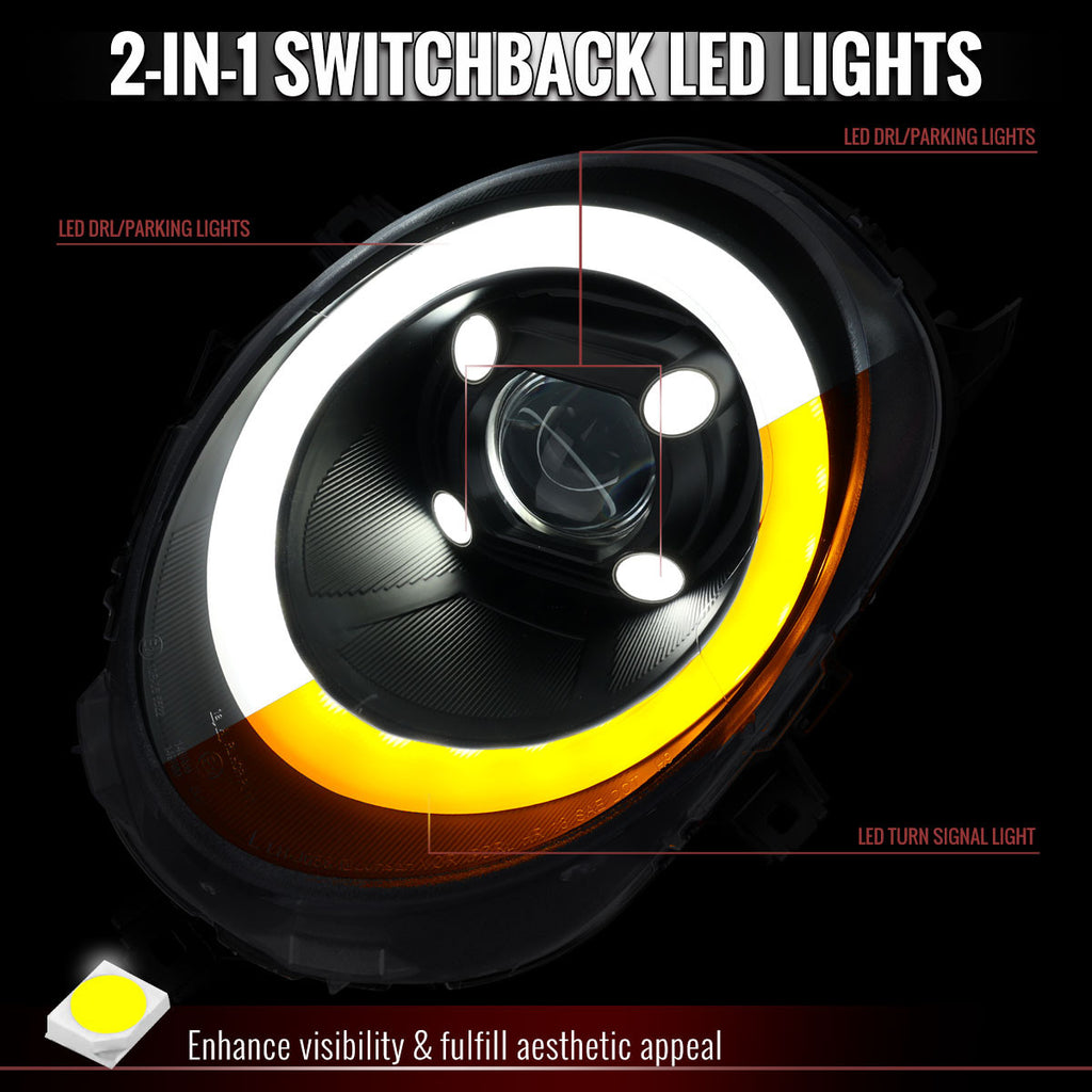 2014-2021 Mini Cooper F55 F56 F57 Switchback LED DRL Projector Headlights – Matte Black/Clear