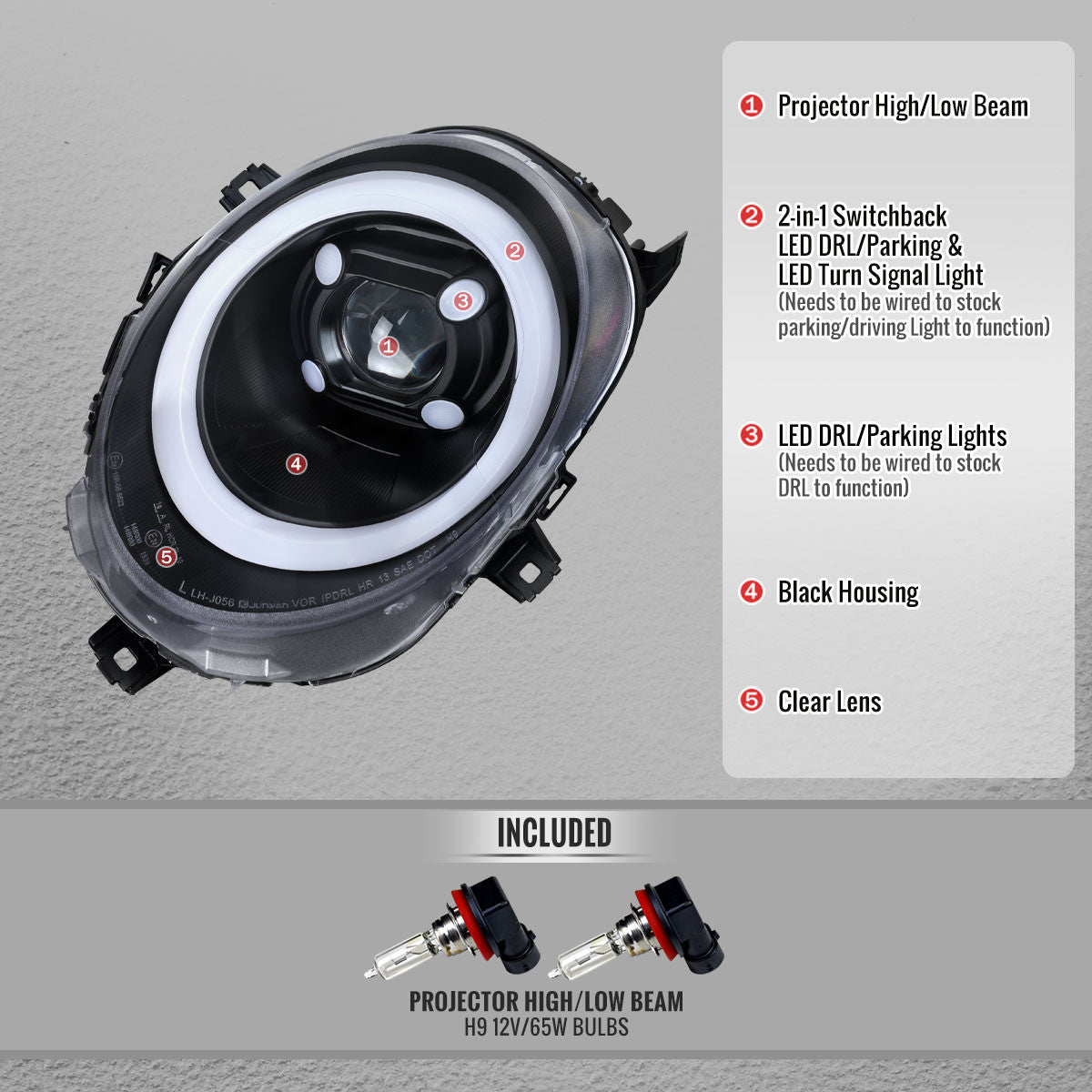 2014-2021 Mini Cooper F55 F56 F57 Switchback LED DRL Projector Headlights – Matte Black/Clear