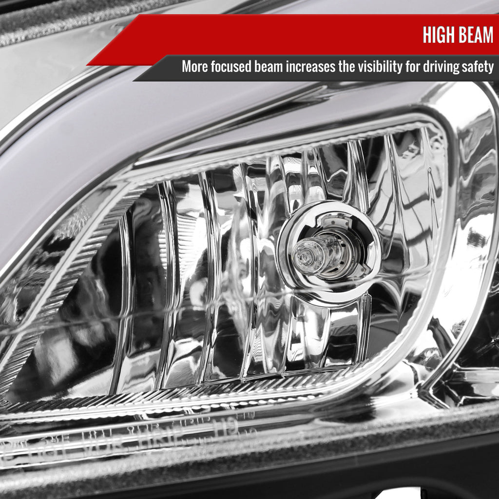 Product diagram – clear lens, fiber optic switchback LED light, sequential LED turn signal strip, chrome housing, projector low beam, high beam