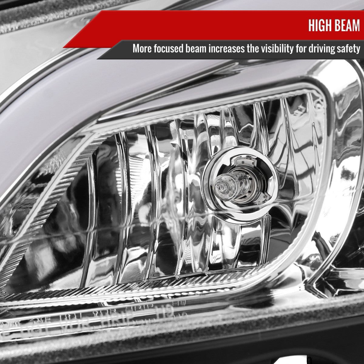 Product diagram – clear lens, fiber optic switchback LED light, sequential LED turn signal strip, chrome housing, projector low beam, high beam