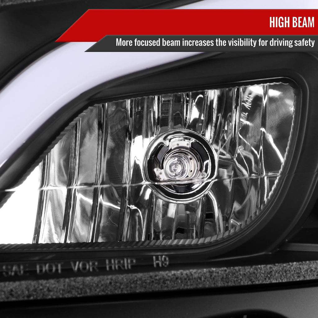 Product diagram – clear lens, fiber optic switchback LED, black housing, projector low beam, high beam