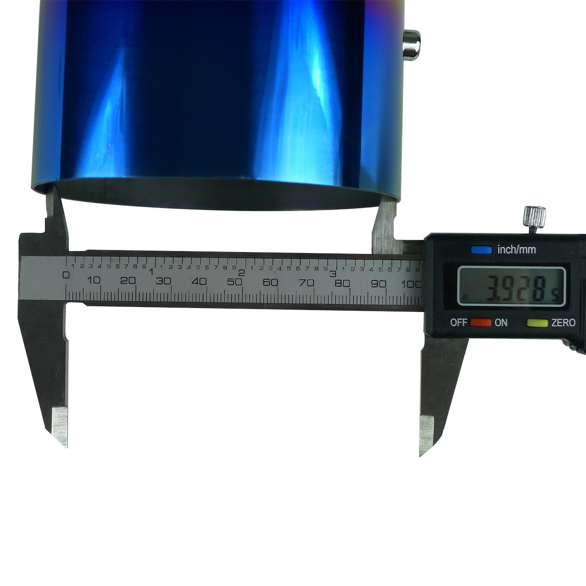 Digital caliper measuring 3.928 inch burnt titanium tip diameter