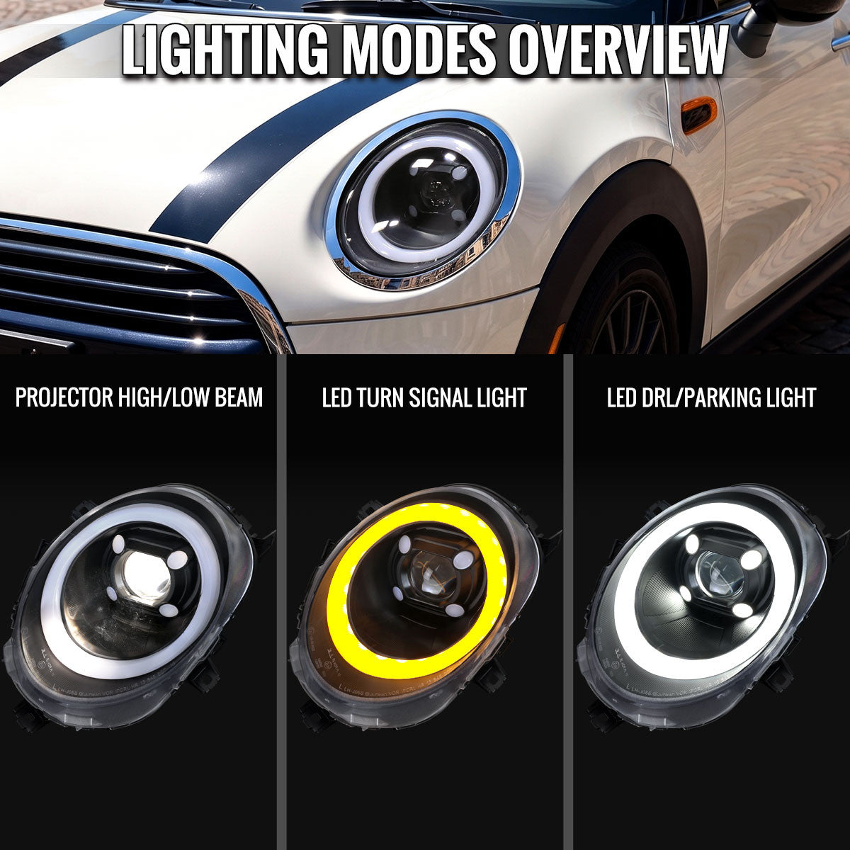 2014-2021 Mini Cooper F55 F56 F57 Switchback LED DRL Projector Headlights – Matte Black/Clear