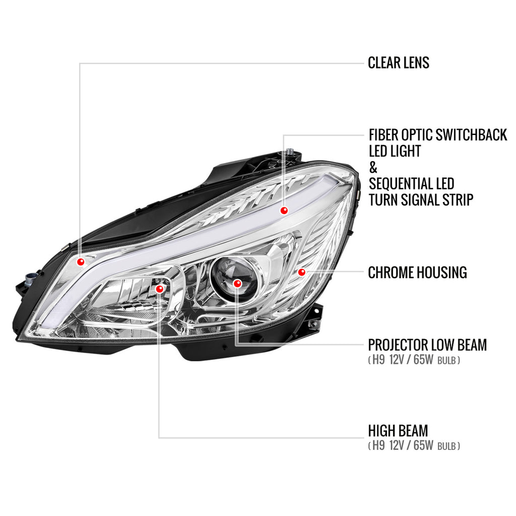 Chrome housing projector headlight pair – clear lens, front view
